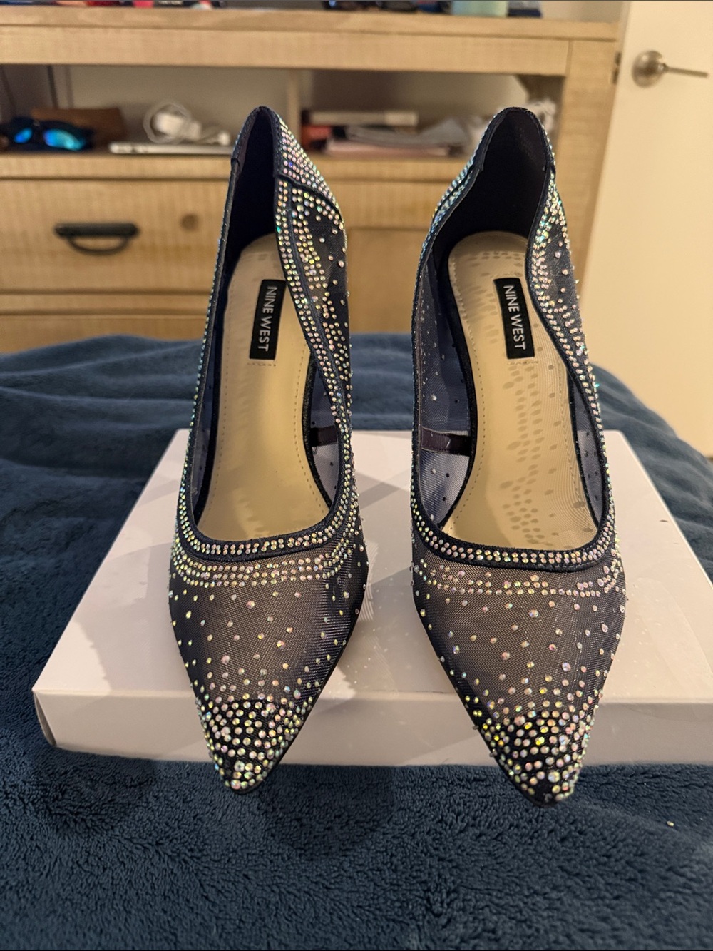 Nine West Navy Mesh Crystal Pointed-Toe Pump